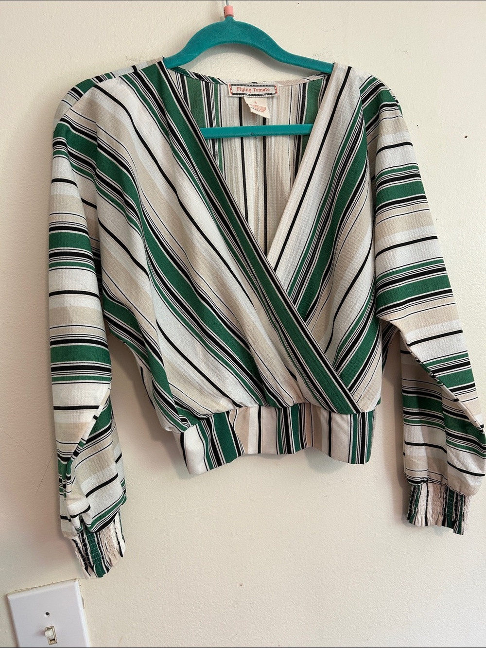 Flying Tomato Green and Cream Striped Wrap Flowy Smocked Blouse